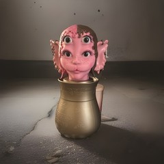 Pink & Gold Resin Fantasy Monster Figurine Sculpture on Decorative Vase Base