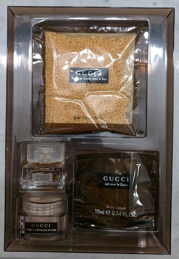 Gucci Women Perfume Gift Set .17oz , .34 Body Lotion, Bath Pearls & Powder