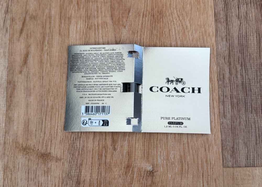 Coach New York Pure Platinum Parfum Sample Travel Spray 0.04 fl oz / 1.2 mL NEW