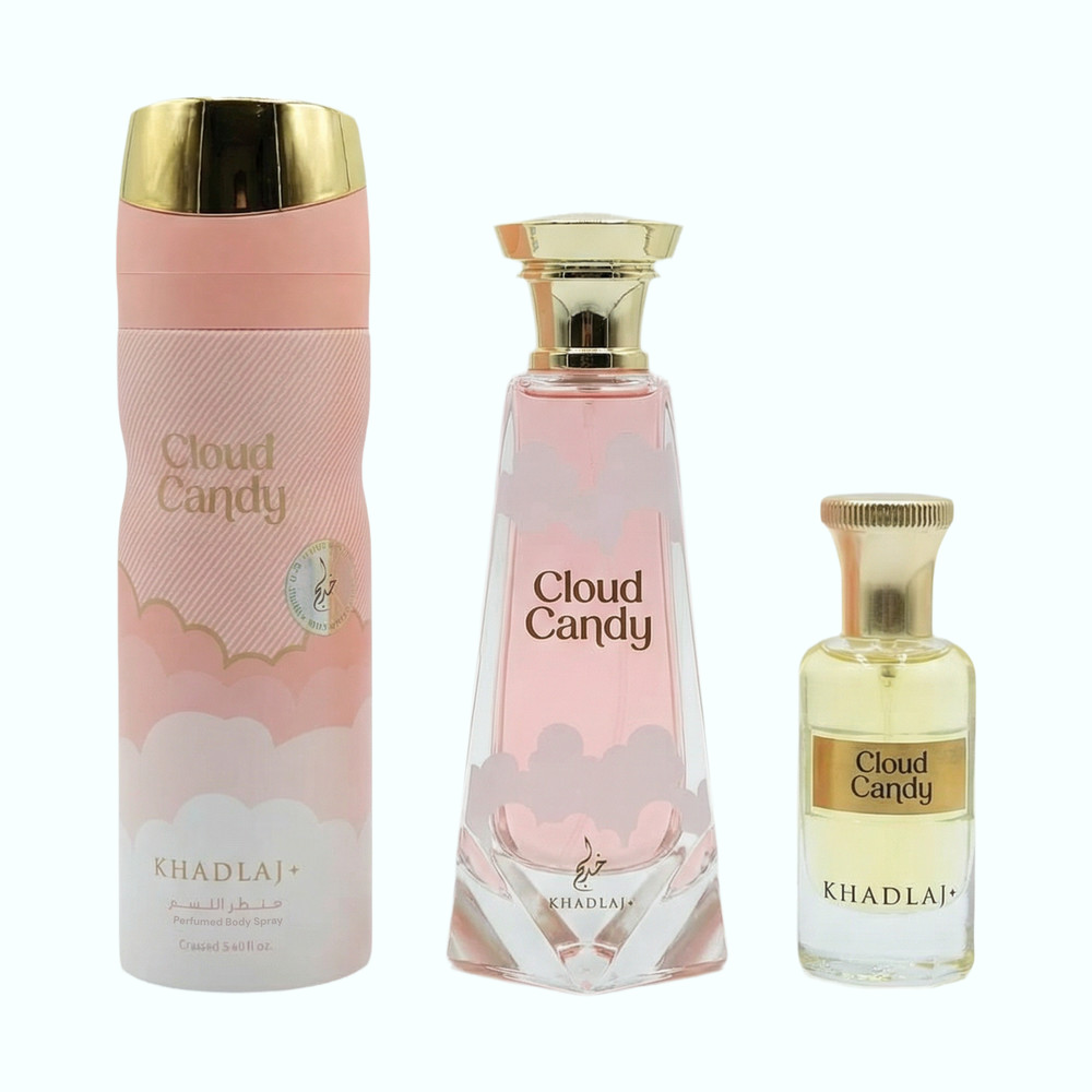 Khadlaj Cloud Candy Set (3.4 Ex De Parfum+ 6.8 Deo+ 0.8 ConC. Perfume Oil)- New
