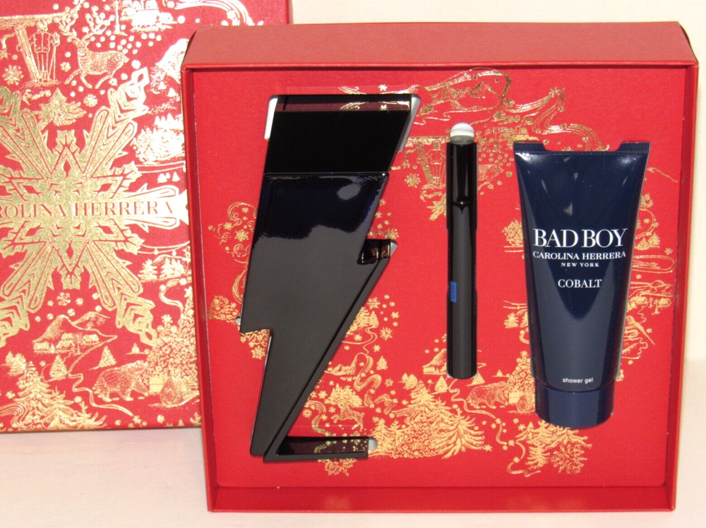Carolina Herrera Bad Boy Cobalt Elixir Perfume Gift Set 3.4 Oz .34 + Shower Gel
