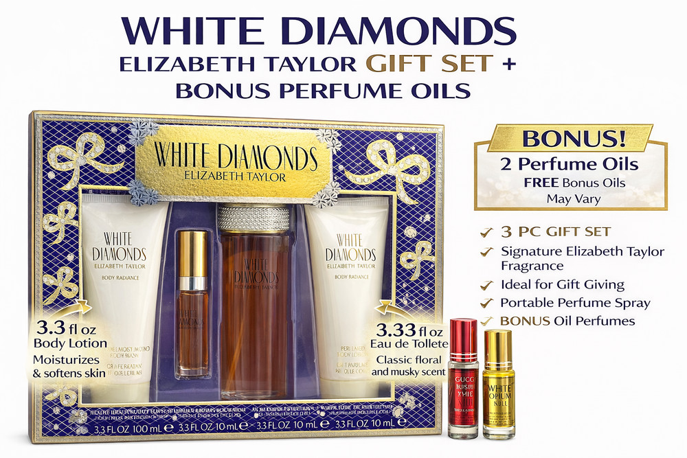 White Diamonds LADIES 4Pc Gift Set Perfume + 2 Free Oils Elizabeth Taylor