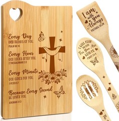 Elegant 4-Piece Religious Cooking Set: Bamboo Cutting Board & Utensils Gift Pack