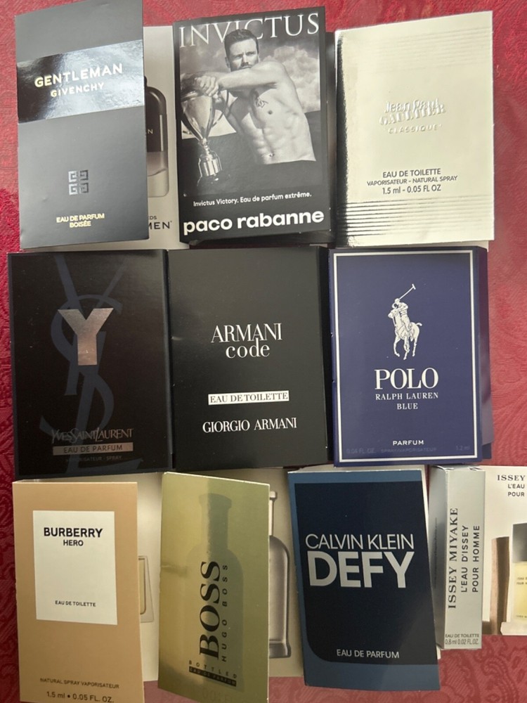 Men’s Set of 10 Cologne Samples PACO, ARMANI, BURBERRY, RL Polo, YSL, CK + MORE