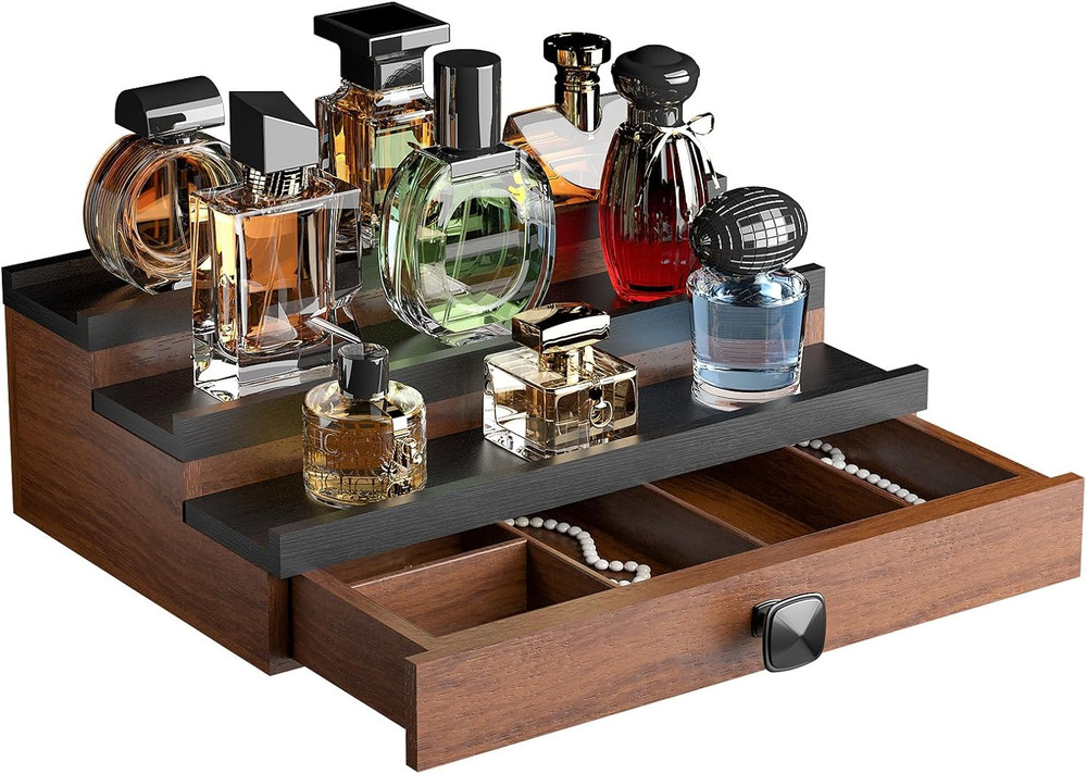 Cologne Organizer for Men: with Hidden Vault & Drawer, 3 Tier Wooden Cologne Sta