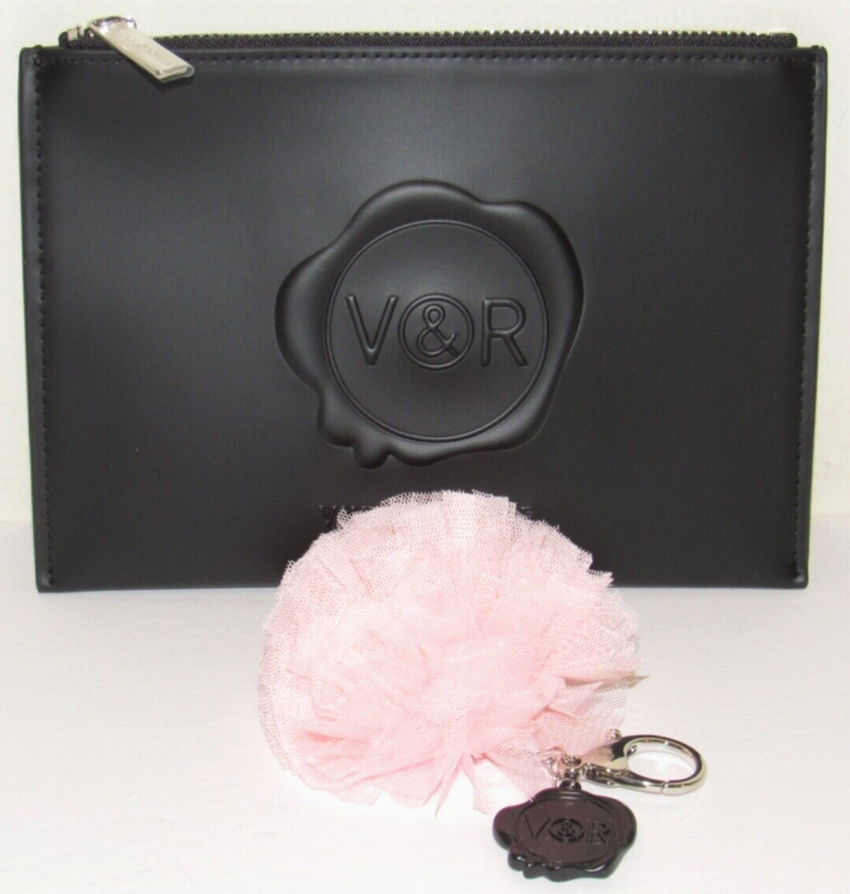Viktor & Rolf Medium Black Pouch Bag + Pink Keychain Pompom Pouf NEW Clutch