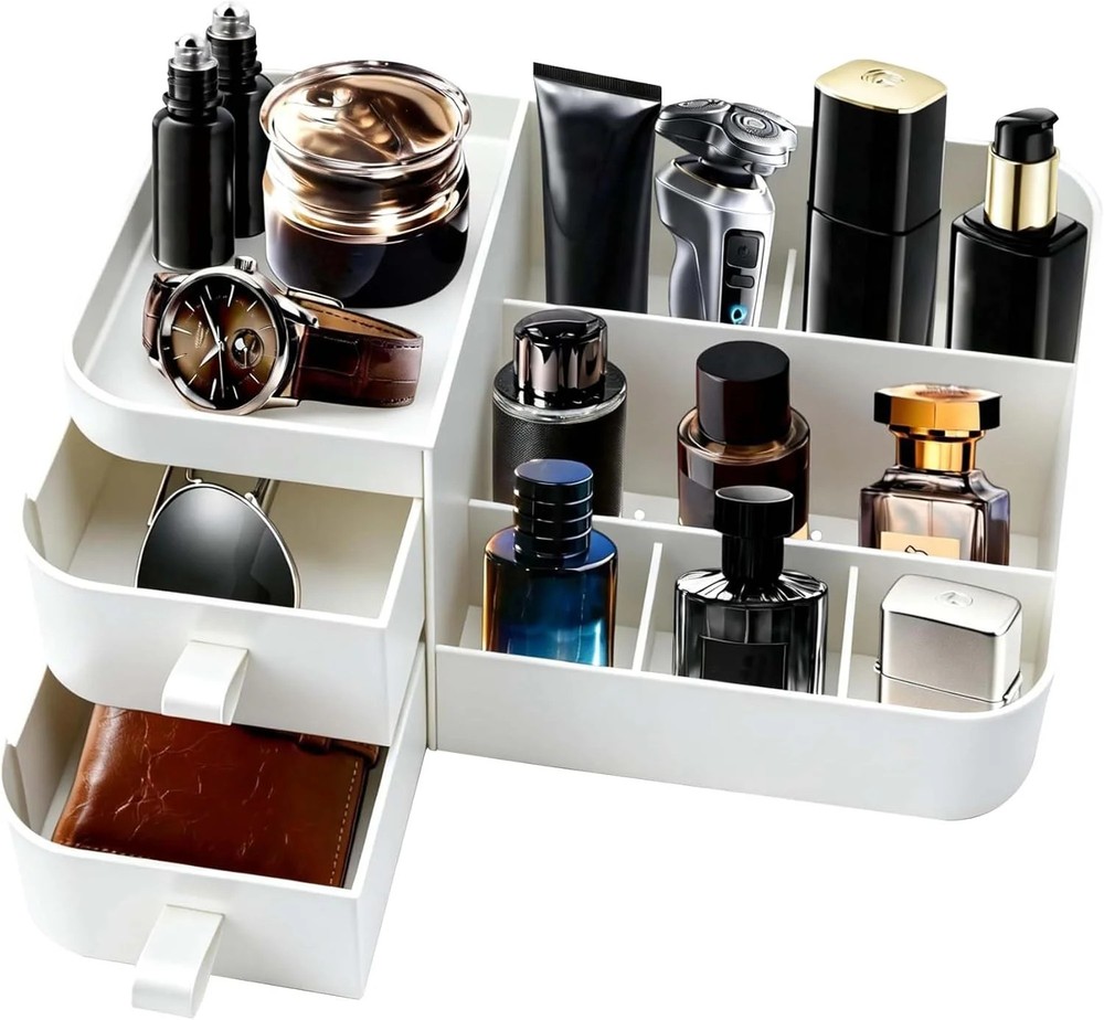 White Perfume Organizer for Men with Drawers, Cologne Organizer for Men, Mens Or