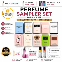 Perfume Sampler Set For Women 10–12 Designer Samples + 2 Free Oils + Atomizer