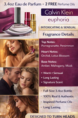Euphoria Calvin Klein 3.4oz Perfume 3 Pcs Gift Set + 2 Free Oils