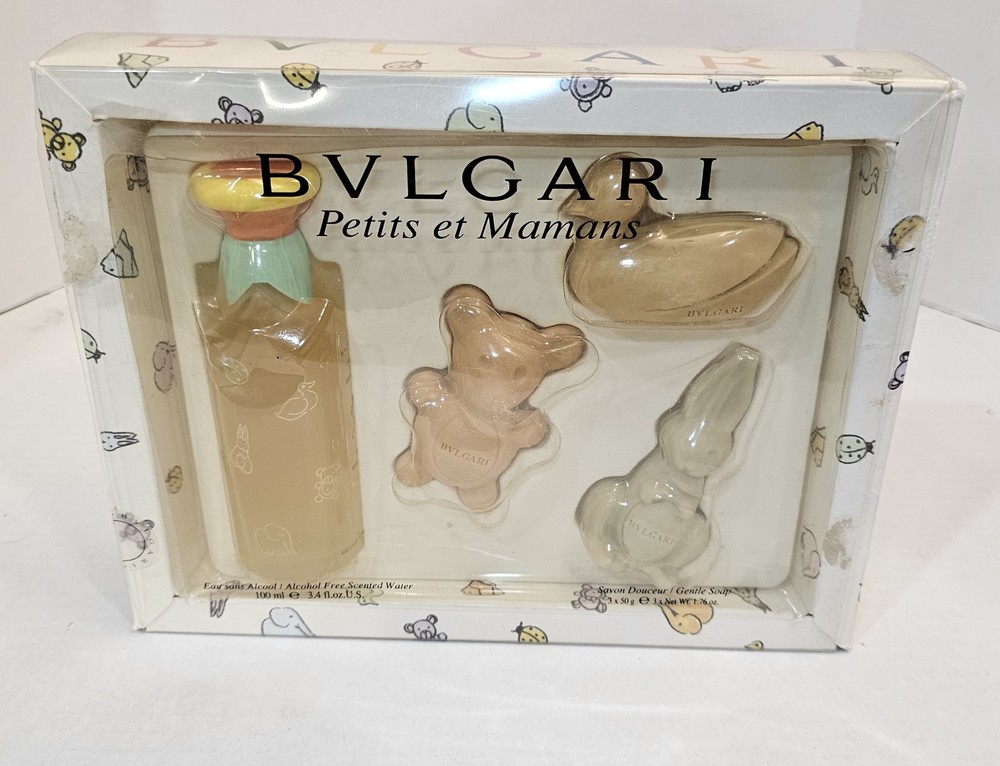 Bvlgari PETITS ET MAMANS Bath Gift Set Scented Water 3.4oz 3 Shaped Gentle Soaps