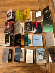 Lot of 20 Men’s Perfume Cologne Samples, Carded Designer Spray Vials as Shown