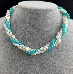 1980’s Avon Acrylic Turquoise & Faux Pearls Twisted Necklace 16″ Long