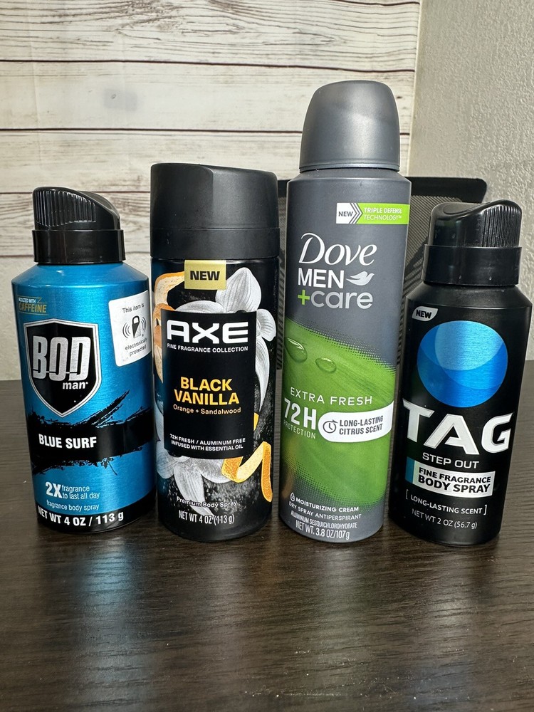 DEODORANT BODY SPRAY Men’s Lot Of 4 AXE BOD DOVE TAG 2-4 OZ NEW Christmas Gifts
