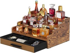 Mens Cologne Organizer 3 Tier Perfume Holder with Drawer Wood Stand for Dresser