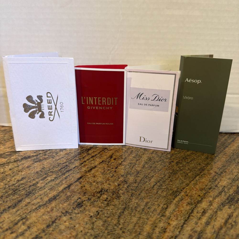 Lot of 4 Card Eau de Parfum Samples L’Interdit Creed 1760 Miss Dior Aesop Virere