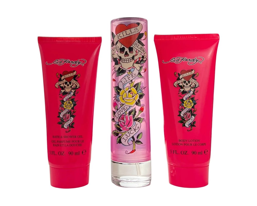 Ed Hardy Love Kills Slowly Women Set 1.7 oz EDP Spray + 3 oz Shower Gel + Lotion