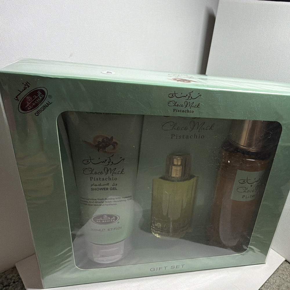 Al-Rehab Choco Musk Pistachio Gift Set: EDP Spray 50 mL + Gel 200 + Mist 250