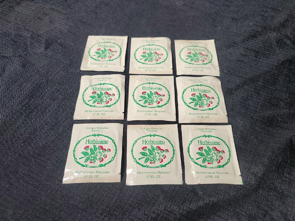 Lot Of 9 Herbissimo Mediterranean Marjoram Cologne Refresher Towelette .07 FL Oz