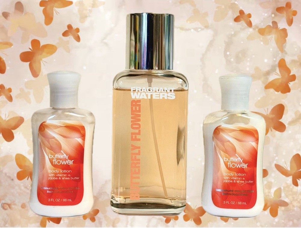 BUTTERFLY FLOWER Fragrant Waters Perfume & 2 Lotions Bath & and Body Works Set