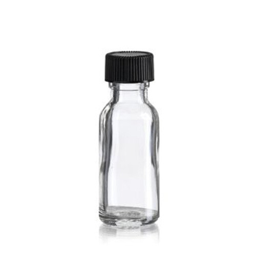 15 ML (1/2 oz.) Boston Round Glass Clear Bottle With Black Plastic Caps