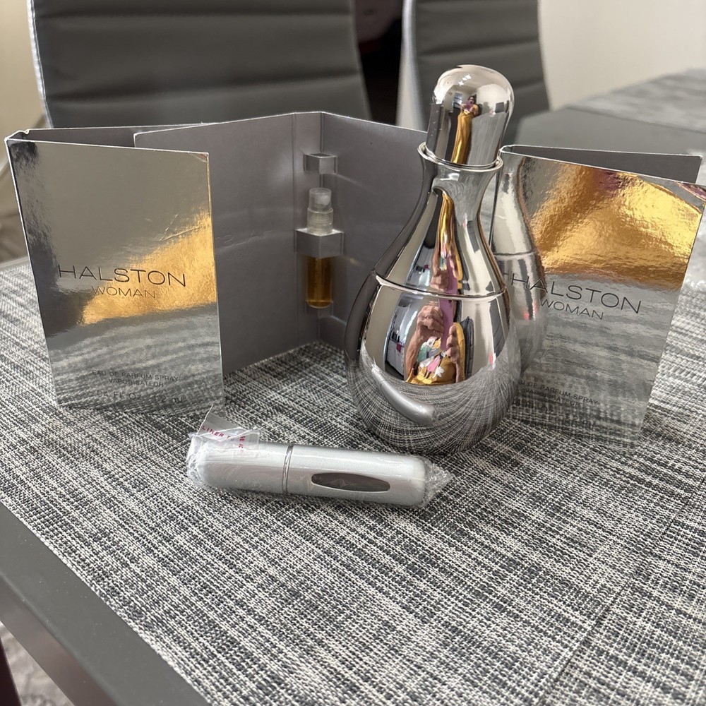 Halston Woman Silver 3.4 Fl oz Eau de Parfum. RARE and 3 samples & atomizer