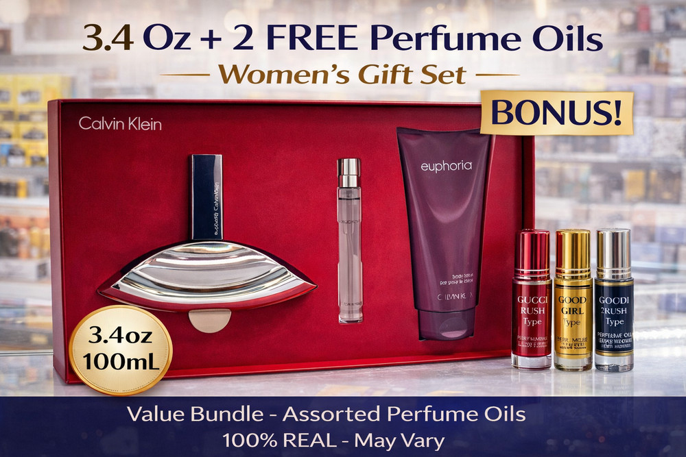 Euphoria Calvin Klein 3.4oz Perfume 3 Pcs Gift Set + 2 Free Oils