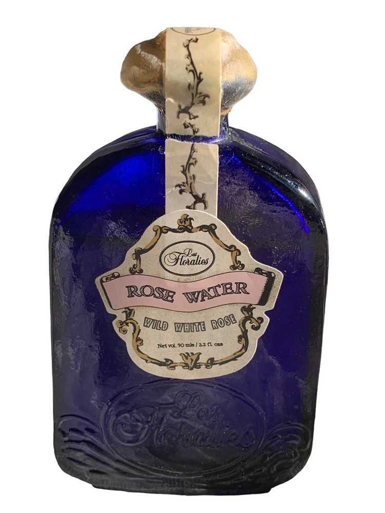 Les Floralies Rose Water 3.2 Fl Oz Wax Sealed Cobalt Glass Wild White Collectibl