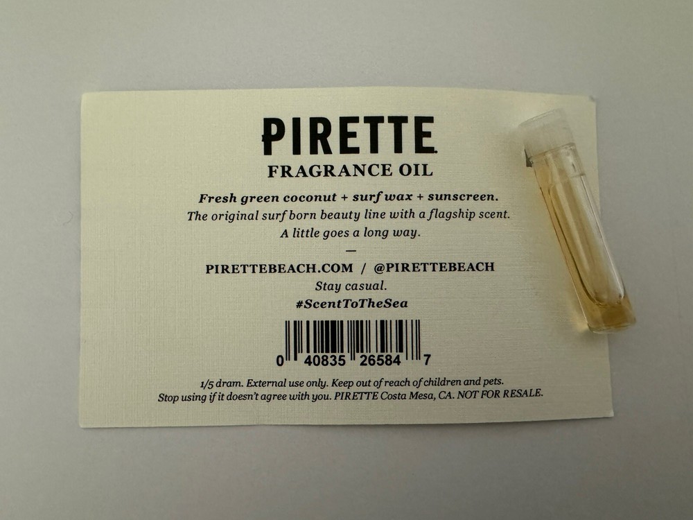 Pirette Fragrance Oil Fresh Green Coconut & Surf Wax & Sunscreen Sample