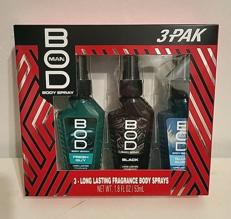 Bod Man 3pk Long-Lasting Fragrant Body Spray 1.8oz Fresh Guy Black Blue Surf