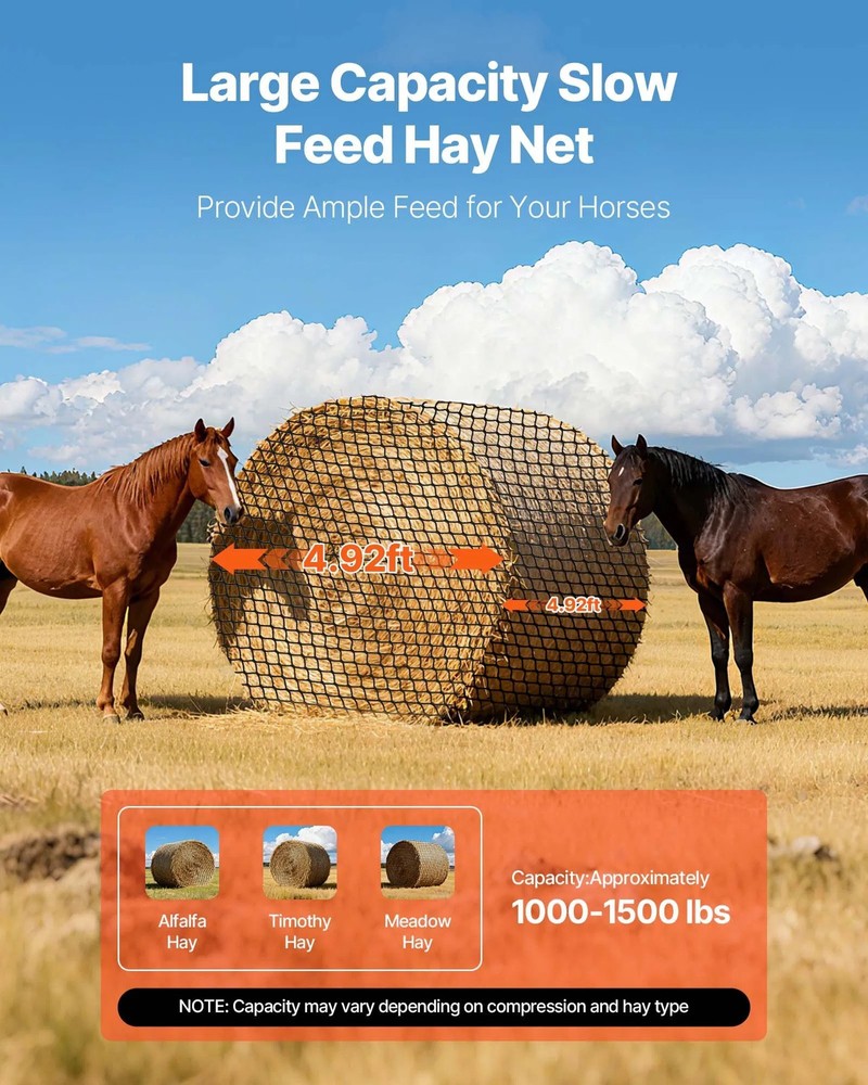 Round Bale Hay Net, 4.92 x 4.92 x 4.92 ft, 1.65 inch Holes, PE Material, Knotles