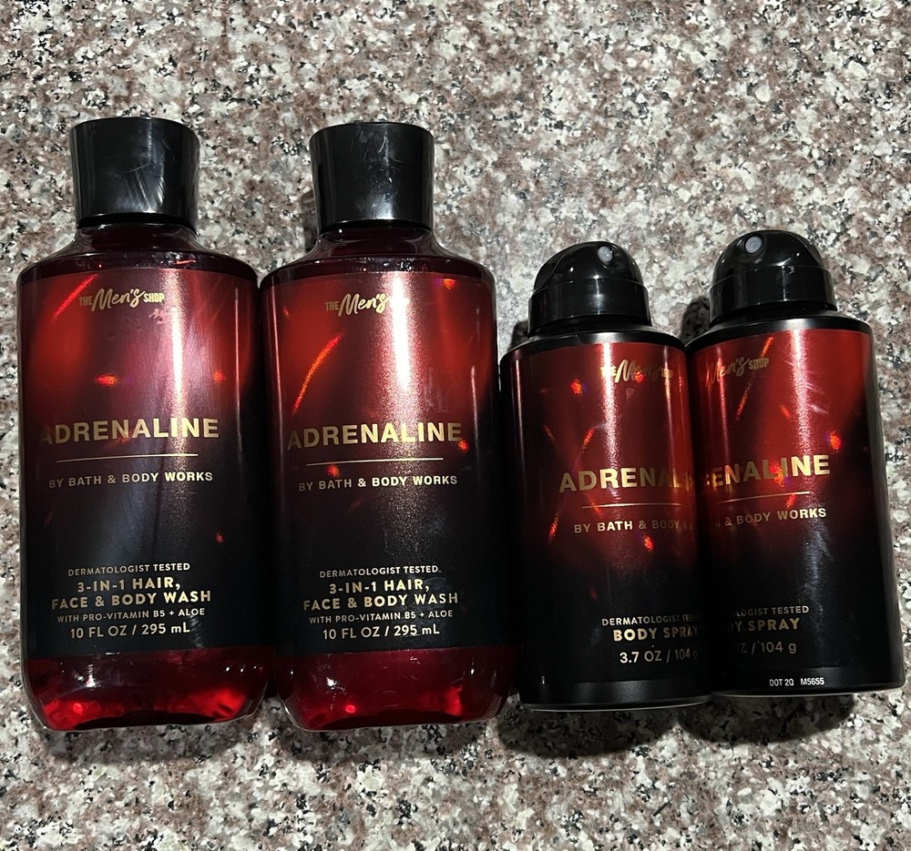 4 Bath & Body Works Men’s Shop Adrenaline 2 Body Wash & 2 Body Spray New