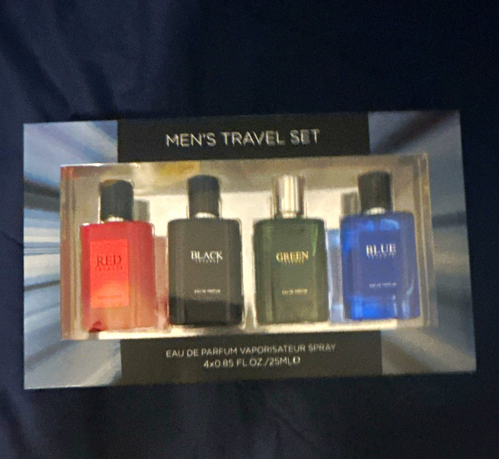Men’s Travel Set Red/Black/Green/Blue EDP Spray Gift Set 4×0.85oz