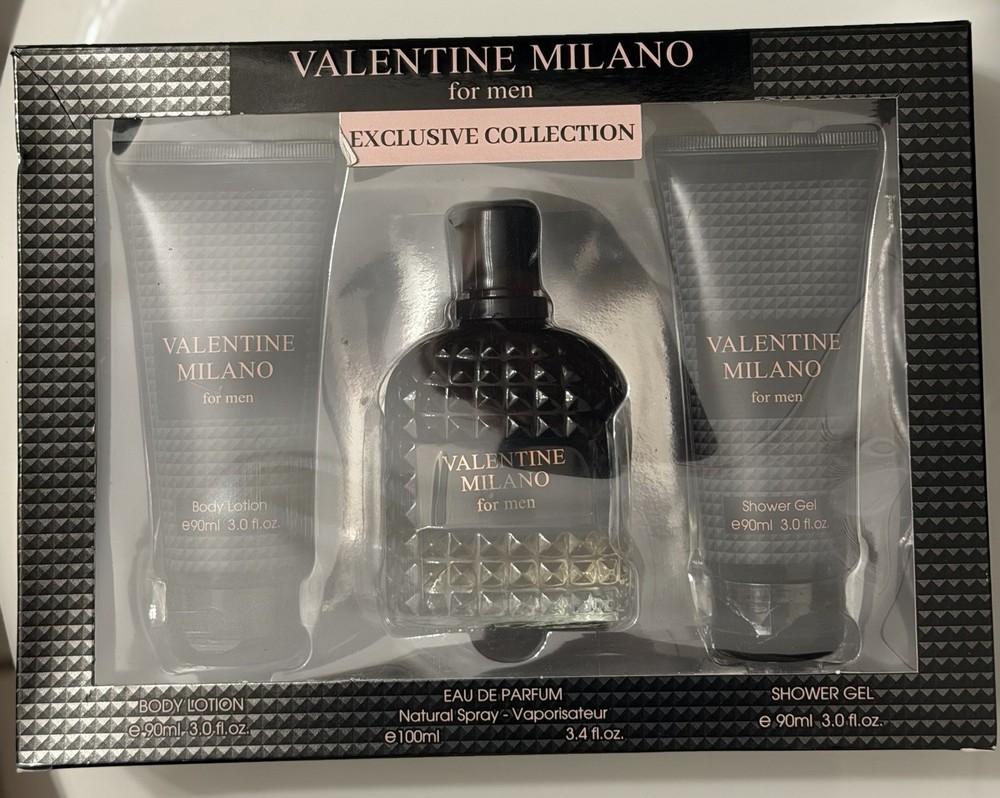 Valentine Milano Men Set For Men 3.4oz EDP 2x 3.0oz Body Lotion & Shower Gel