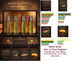 4 PC MOLTON BROWN Spicy & Citrus Fragrance Travel Sprays 4 X 0.25 OZ NIB