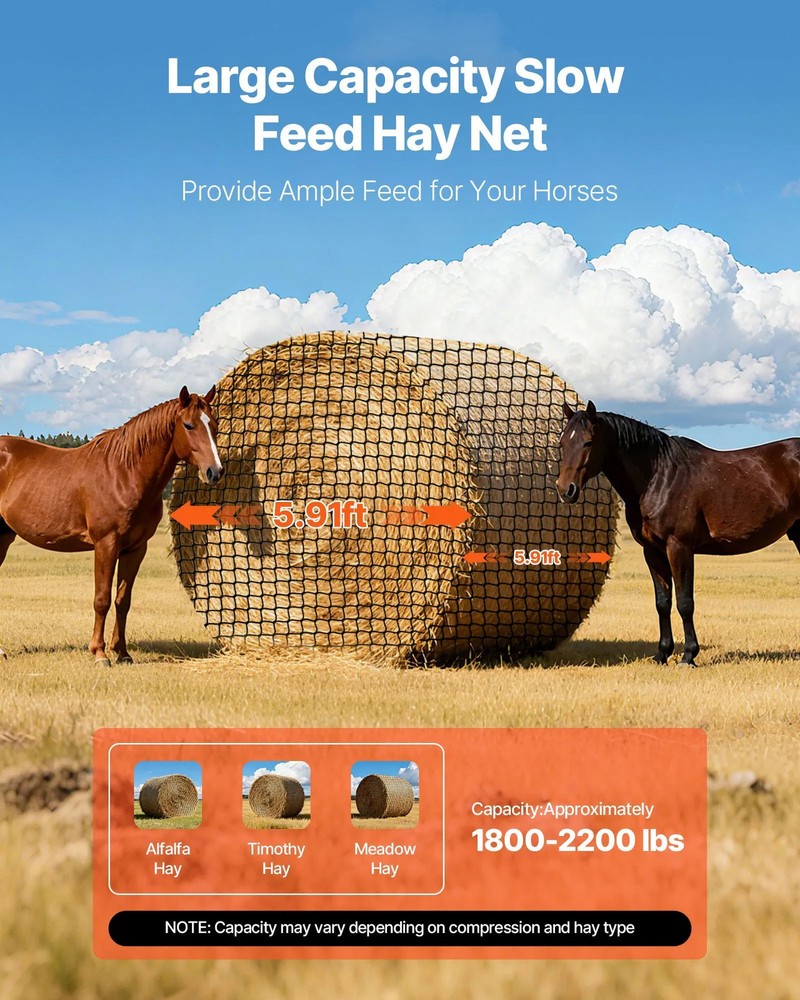 Round Bale Hay Net, 5.91 x 5.91 x 5.91 ft, 1.5 inch Holes, PE Material, Knotless