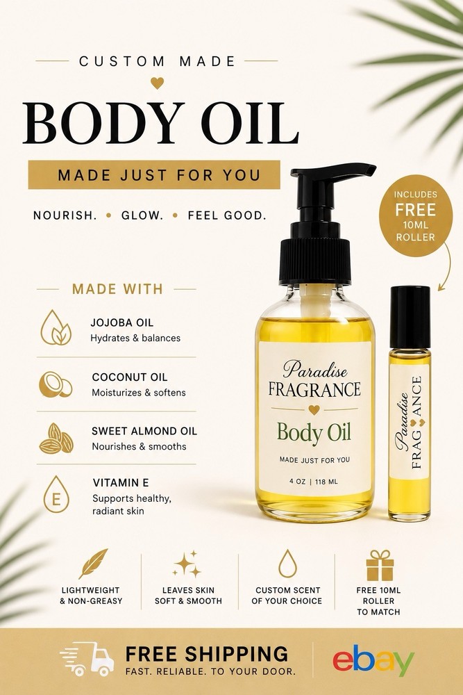 Custom Body Oil 4oz-Jojoba , Coconut,Sweet Almond & Vitamin E -Free 10ML roll-on