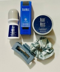 Avon night magic cologne 1.7 fl oz 5 pcs set body cream deodorant hair clip tie