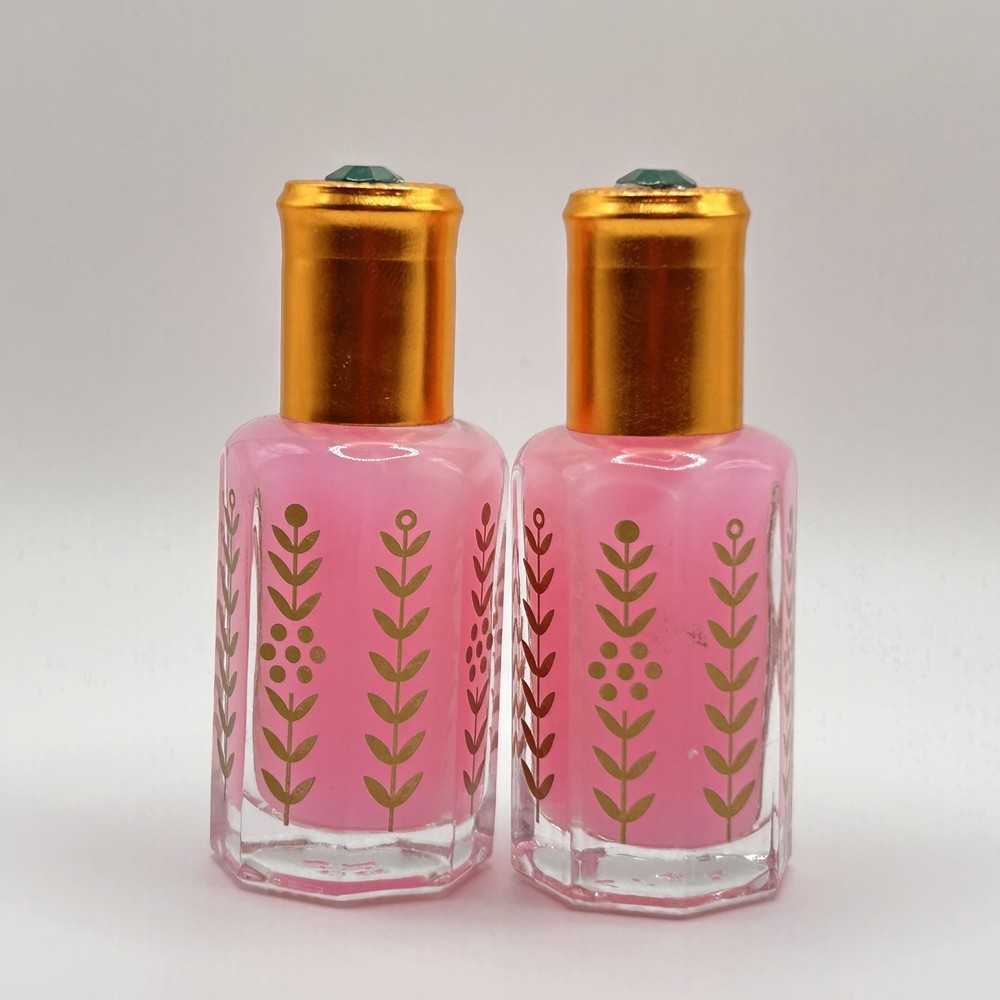 Set of 2 Arabian Pink Musk Perfume Oil Attar Bottles Gold Printed Glass Vials
