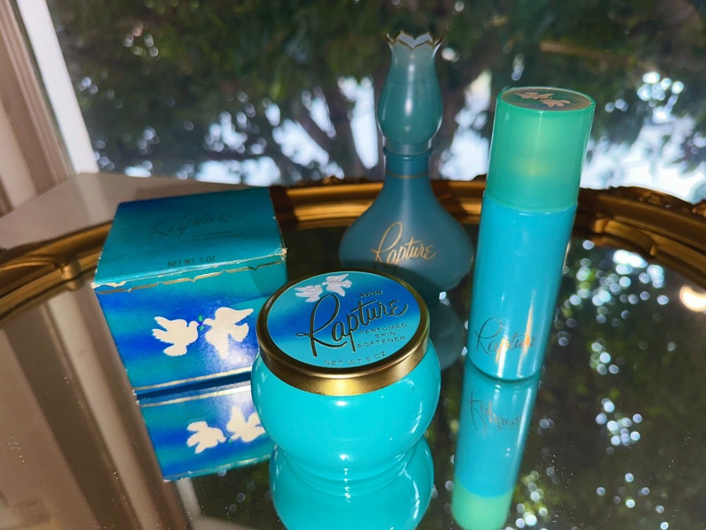 Vintage Avon Rapture Set of 3 Emptied Frosted Blue Green Glass Bottle Perfume