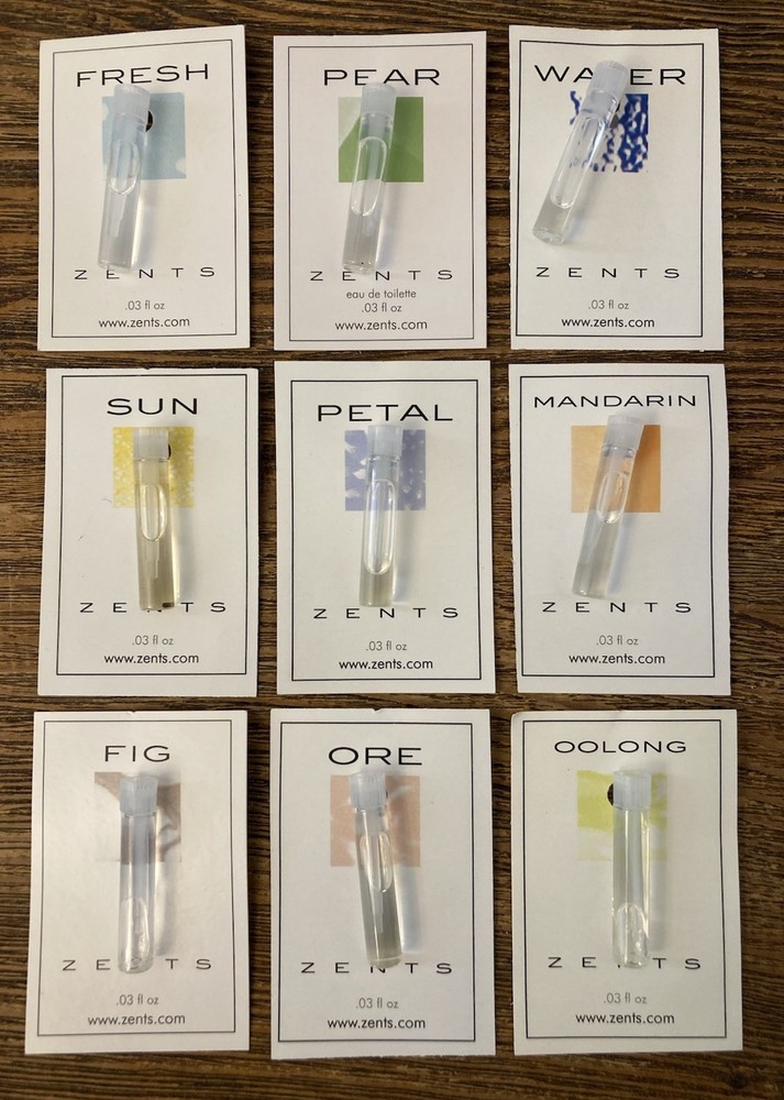 9 ZENTS Fragrance Sample Lot .03oz Luxury Scent ORE FIG SUN WATER FRESH PEAR